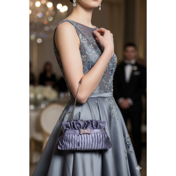 Evening Bag - Pleated Satin w/ Rhinestone Bow - Gray - BG-92288GY